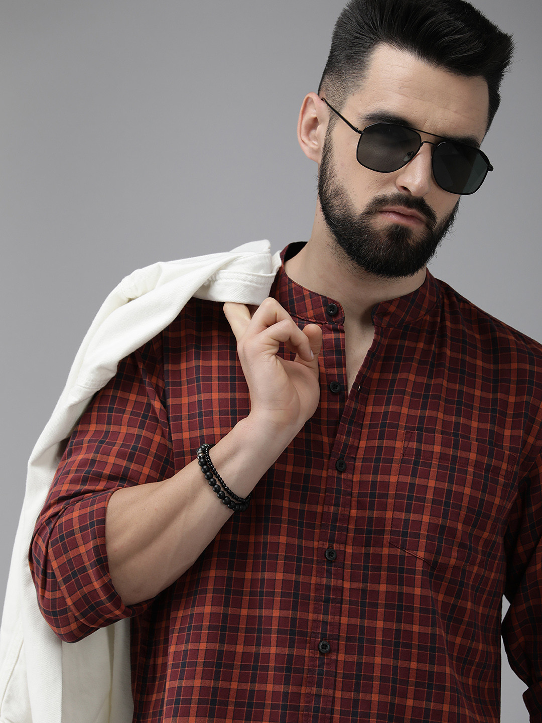 

Roadster Men Red Comfort Tartan Checks Band Collar Pure Cotton Casual Shirt