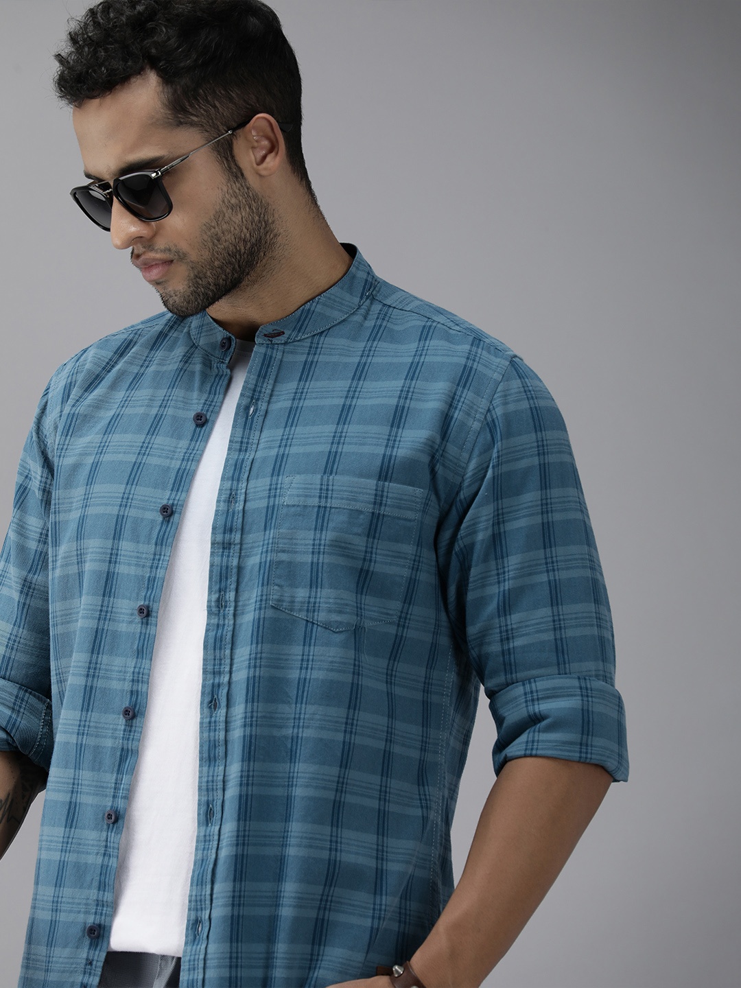 

Roadster Men Blue Comfort Tartan Checks Band Collar Pure Cotton Casual Shirt