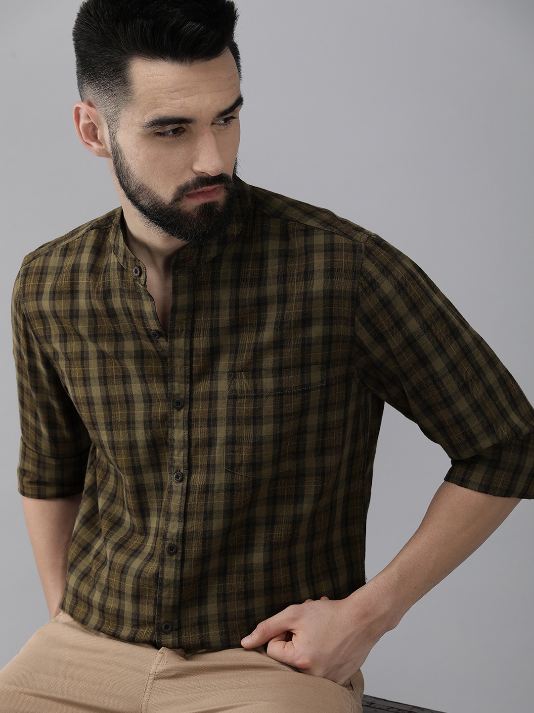 

Roadster Men Olive Brown Comfort Tartan Checks Band Collar Pure Cotton Casual Shirt