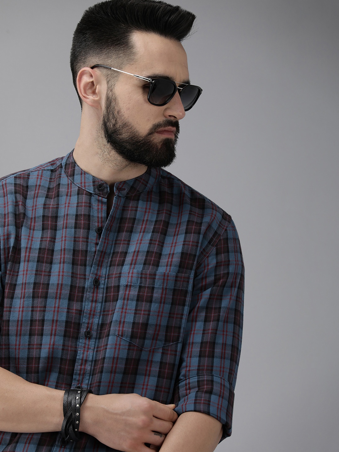 

Roadster Men Blue Comfort Tartan Checks Band Collar Pure Cotton Casual Shirt