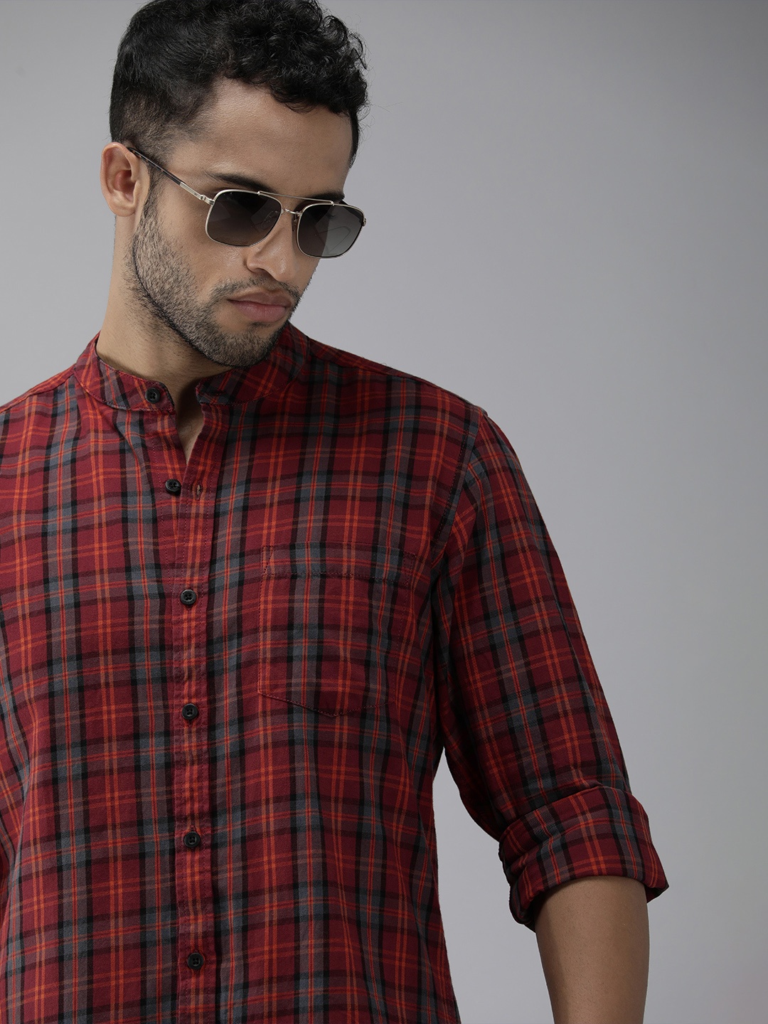 

Roadster Men Maroon & Orange Comfort Tartan Checks Band Collar Pure Cotton Casual Shirt