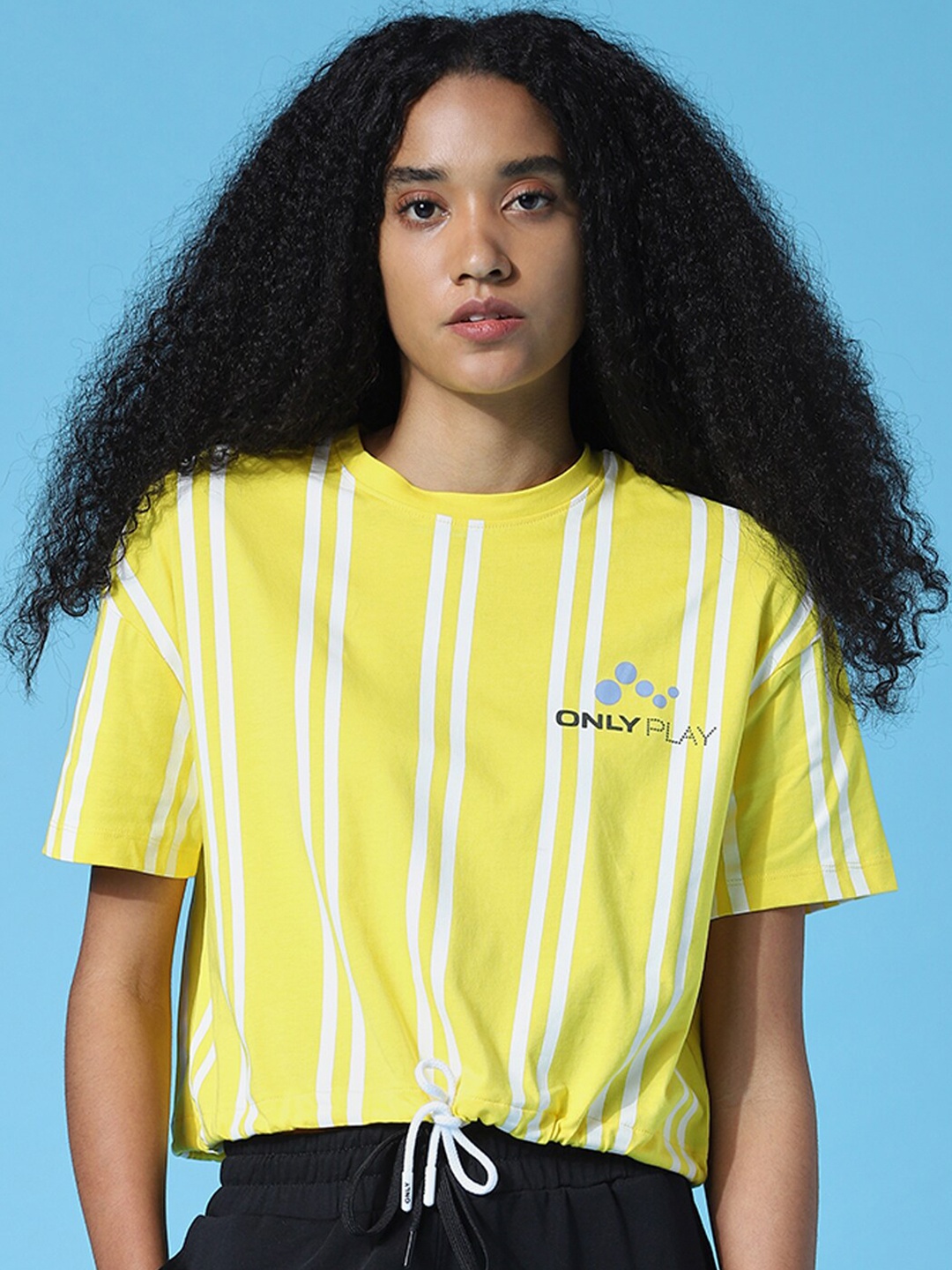 

ONLY PLAY Women Yellow Typography Striped Slim Fit Cotton T-shirt