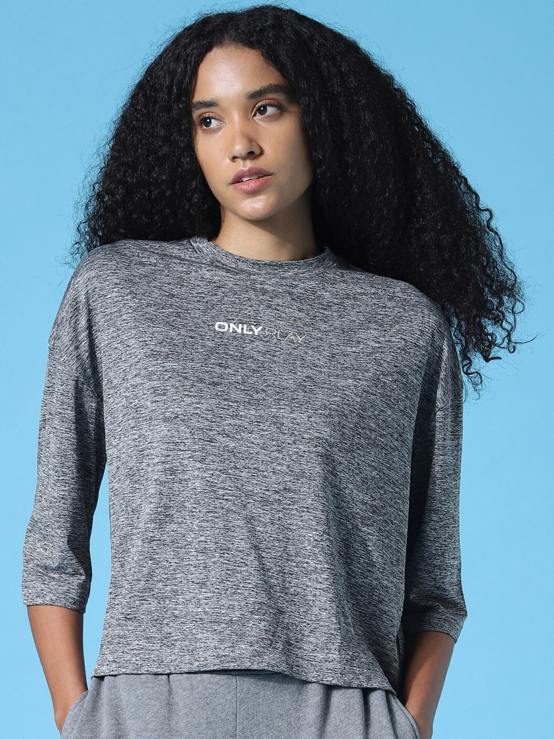 

ONLY PLAY Women Grey Drop-Shoulder Sleeves Boxy T-shirt