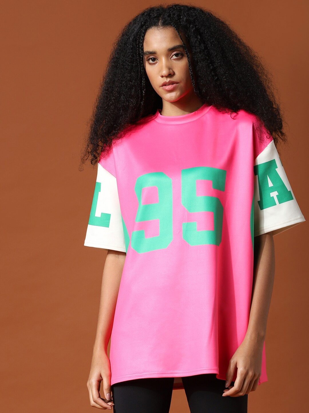 

ONLY PLAY Women Pink & Green Varsity Printed Drop-Shoulder Sleeves Boxy T-shirt