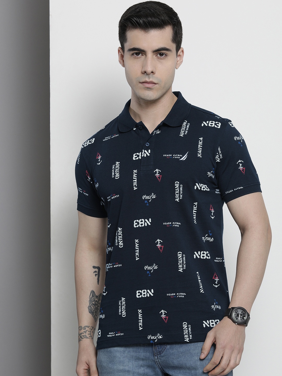 

Nautica Men Brand Logo Printed Polo Collar Pure Cotton T-shirt, Navy blue
