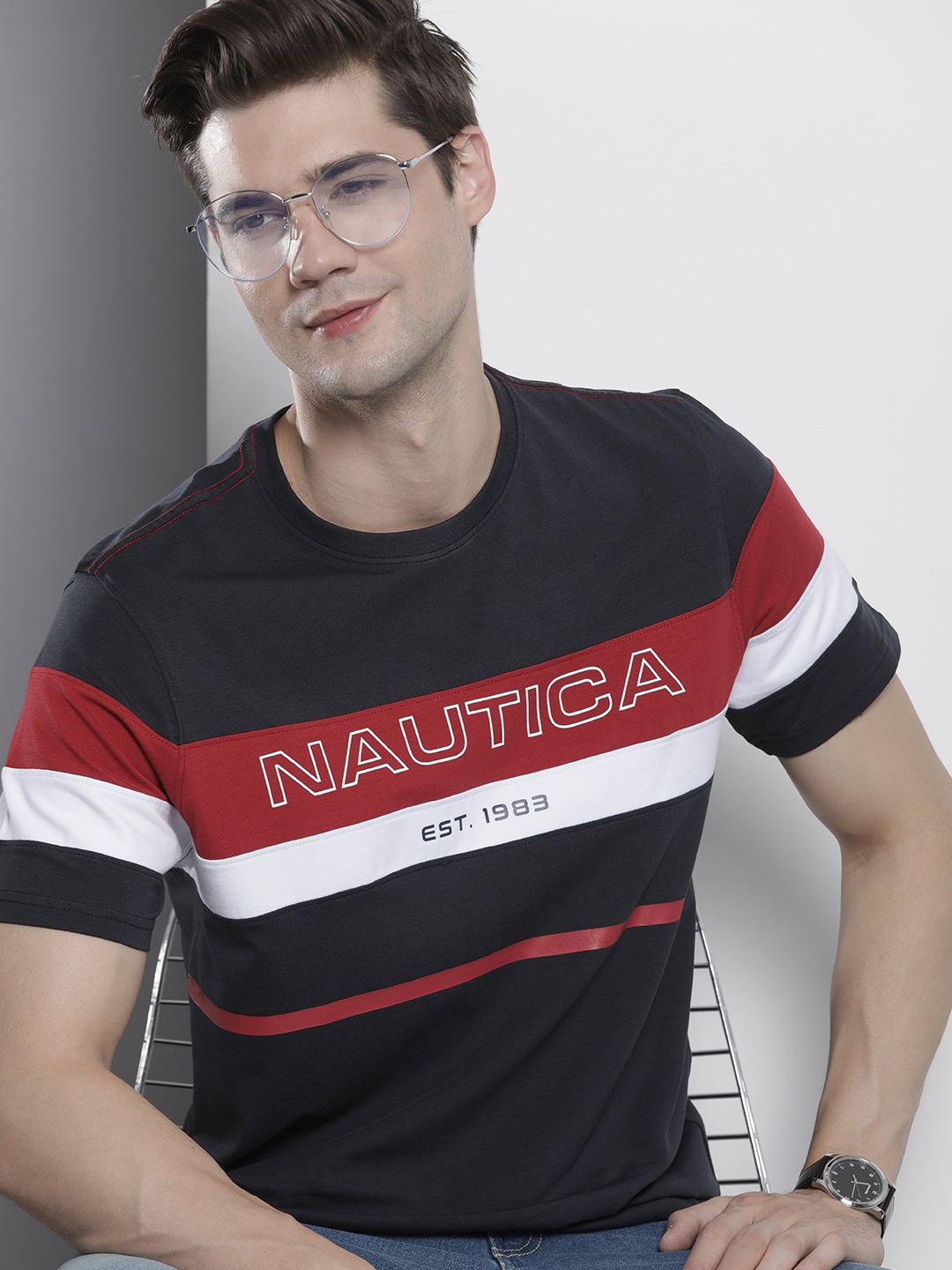 

Nautica Brand Logo Printed And Colourblocked Round-Neck T-shirt, Navy blue