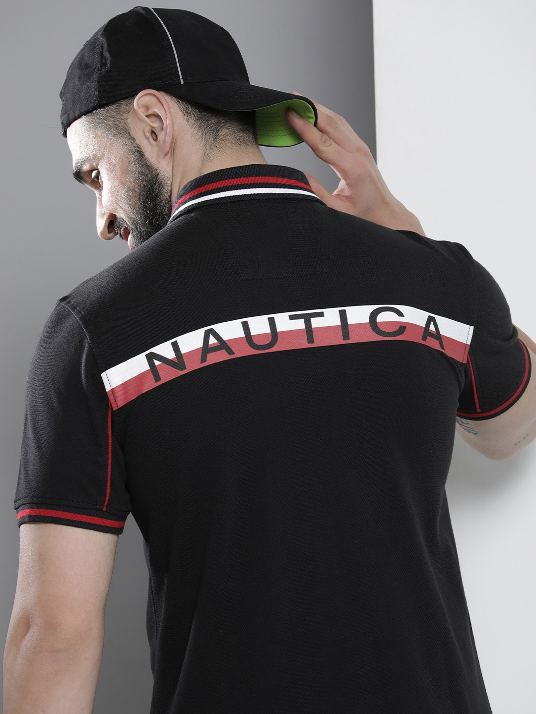 

Nautica Men Brand Logo Printed Polo Collar Pure Cotton T-shirt, Black