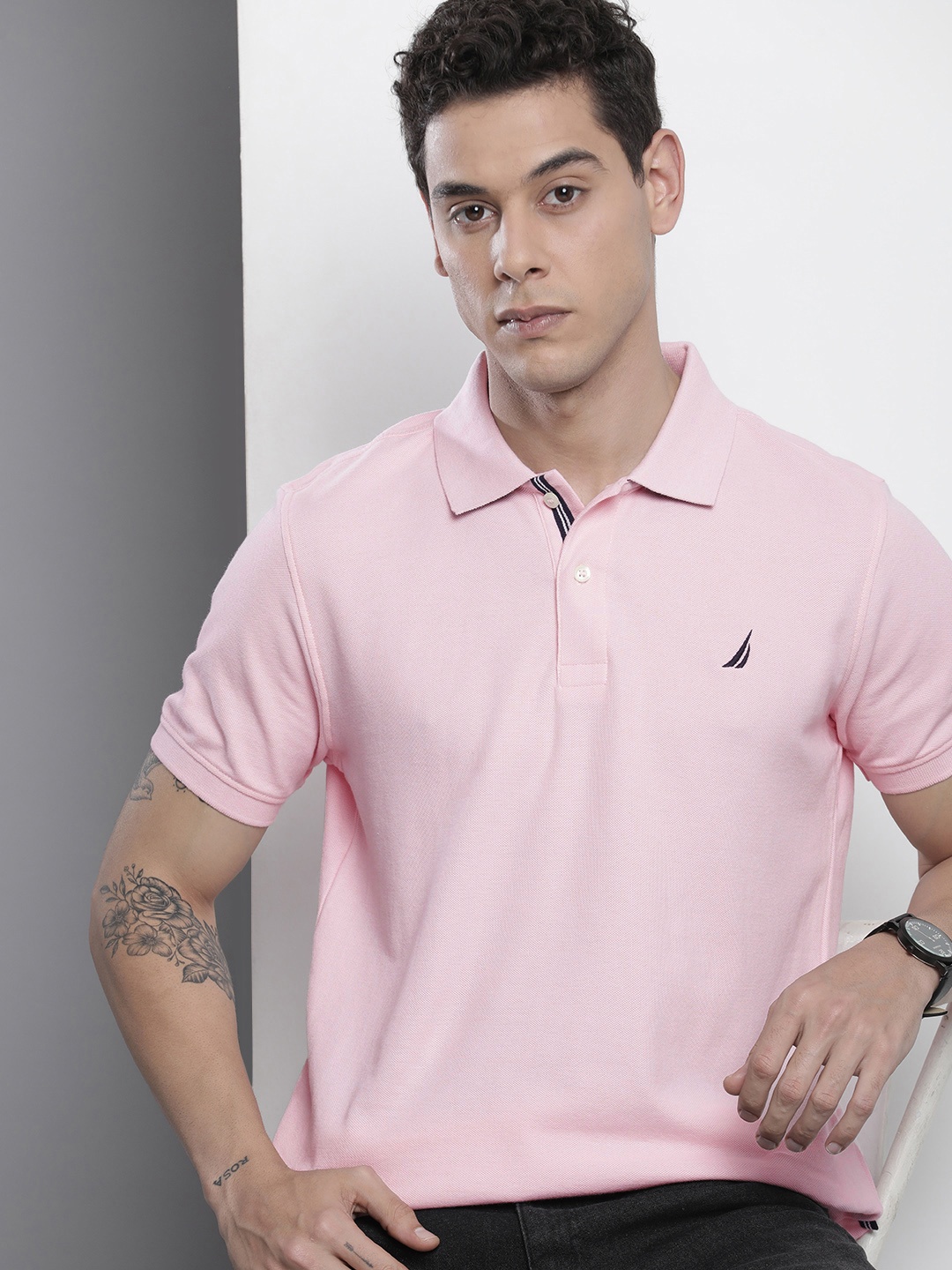 

Nautica Men Pink Pure Cotton Brand Logo Polo Collar Slim Fit T-shirt