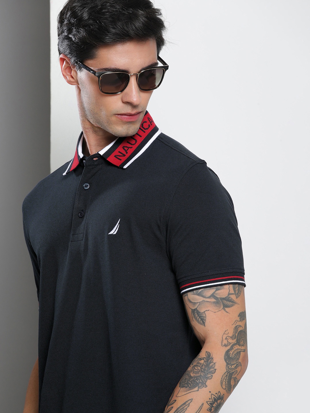 

Nautica Men Brand Logo Printed Collar Polo Neck T-shirt, Navy blue