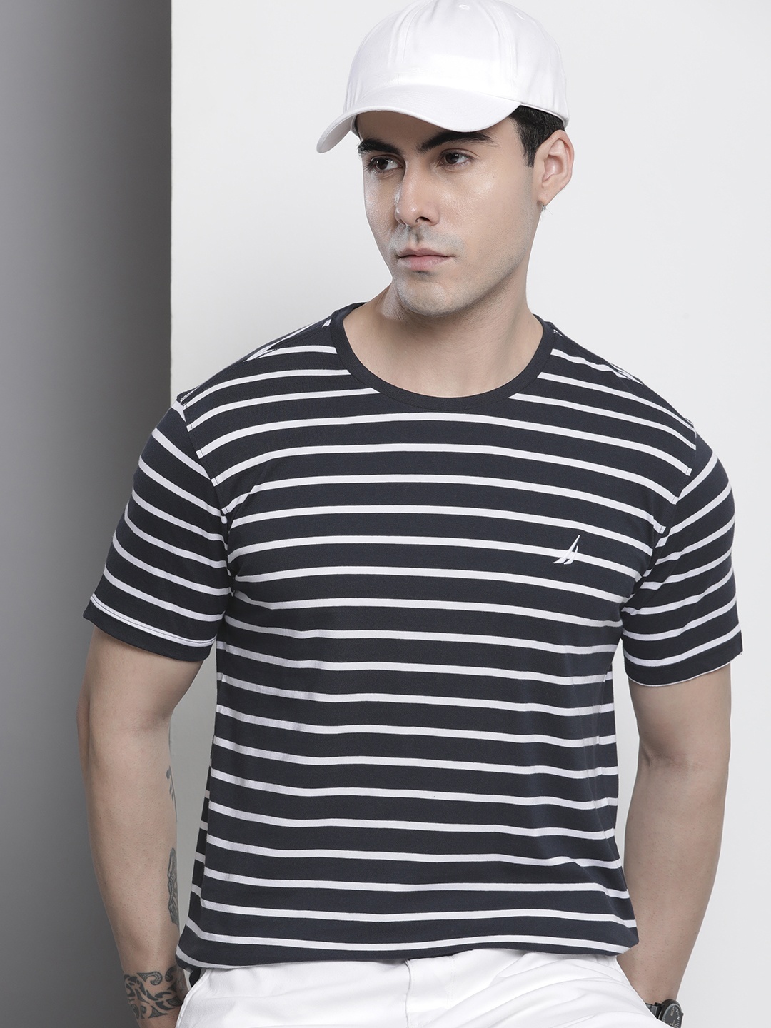 

Nautica Men Blue & White Striped Pure Cotton T-shirt