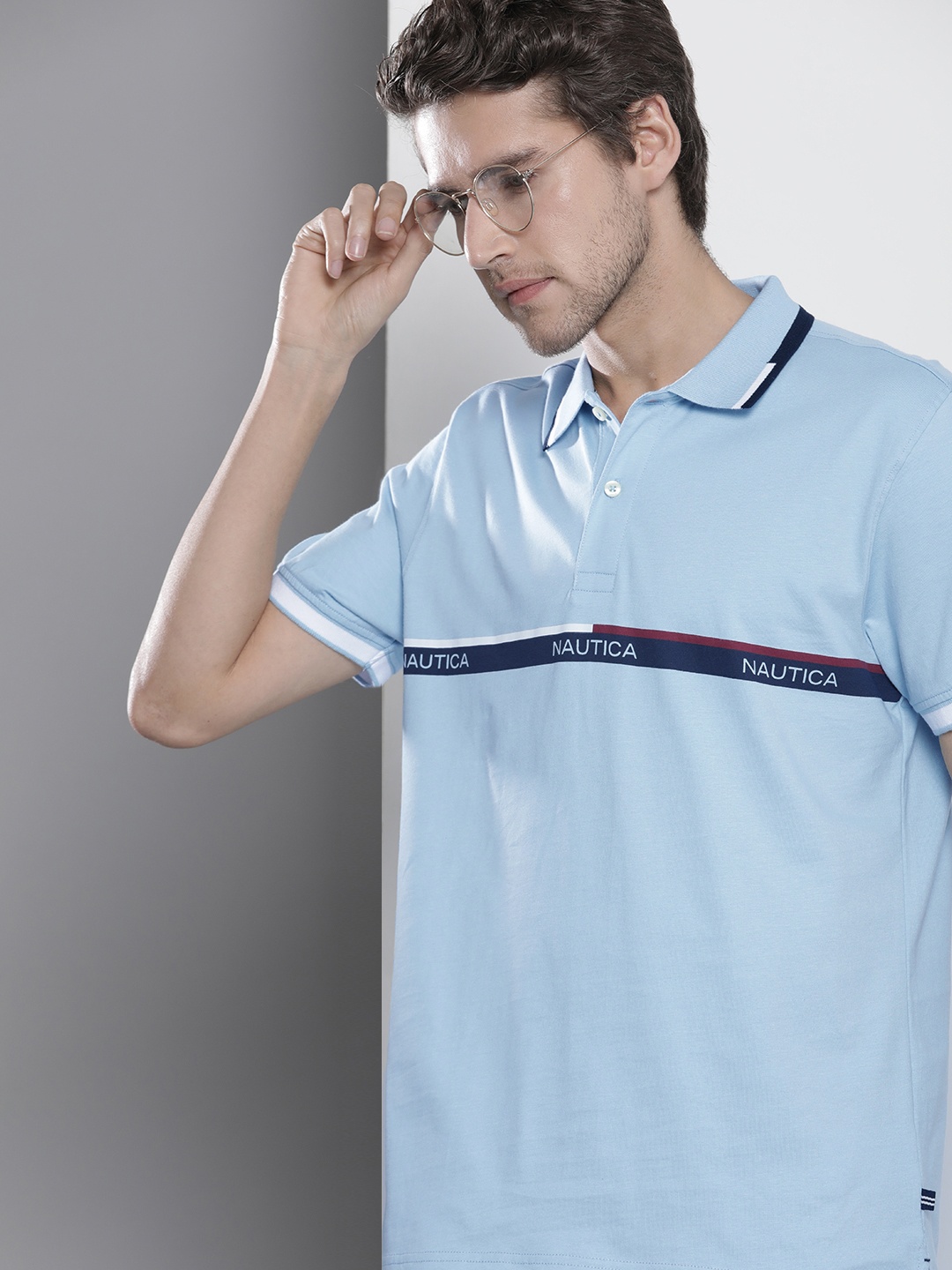 

Nautica Men Blue Brand Logo Striped Polo Collar Pure Cotton T-shirt
