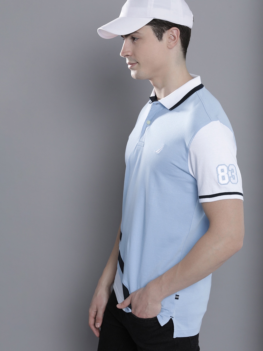 

Nautica Men Pure Cotton Colourblocked Polo Collar T-shirt, Blue