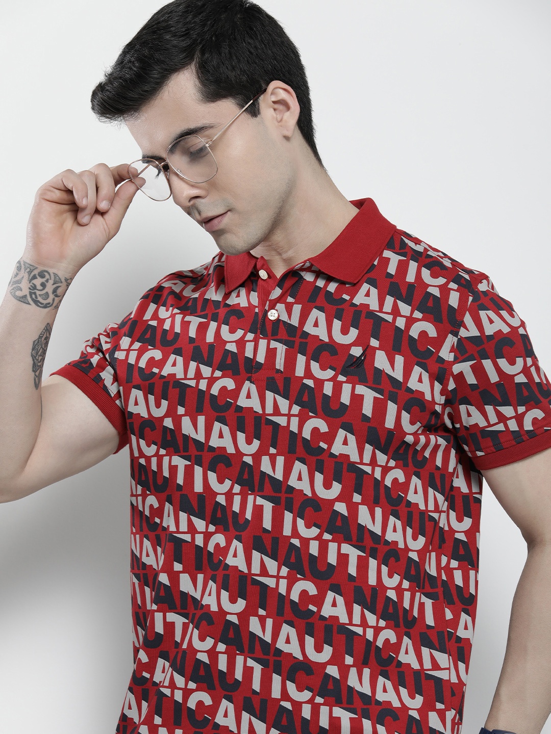 

Nautica Men Pure Cotton Brand Logo Printed Polo Collar T-shirt, Maroon