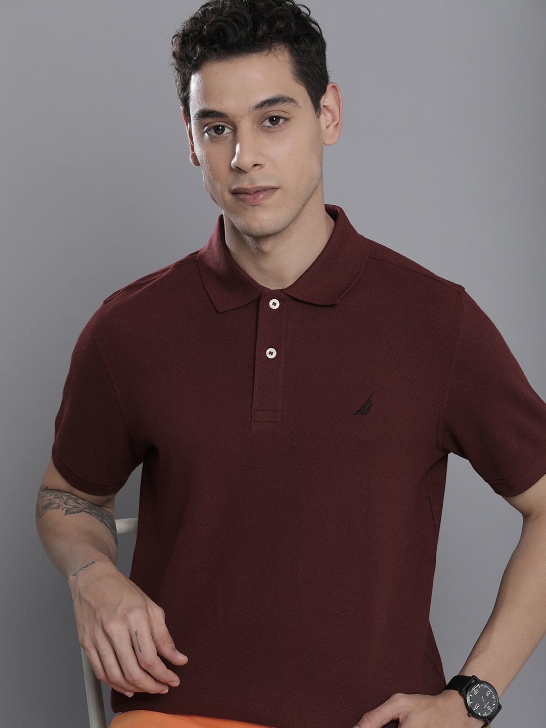

Nautica Men Burgundy Pure Cotton Brand Logo Polo Collar Slim Fit T-shirt