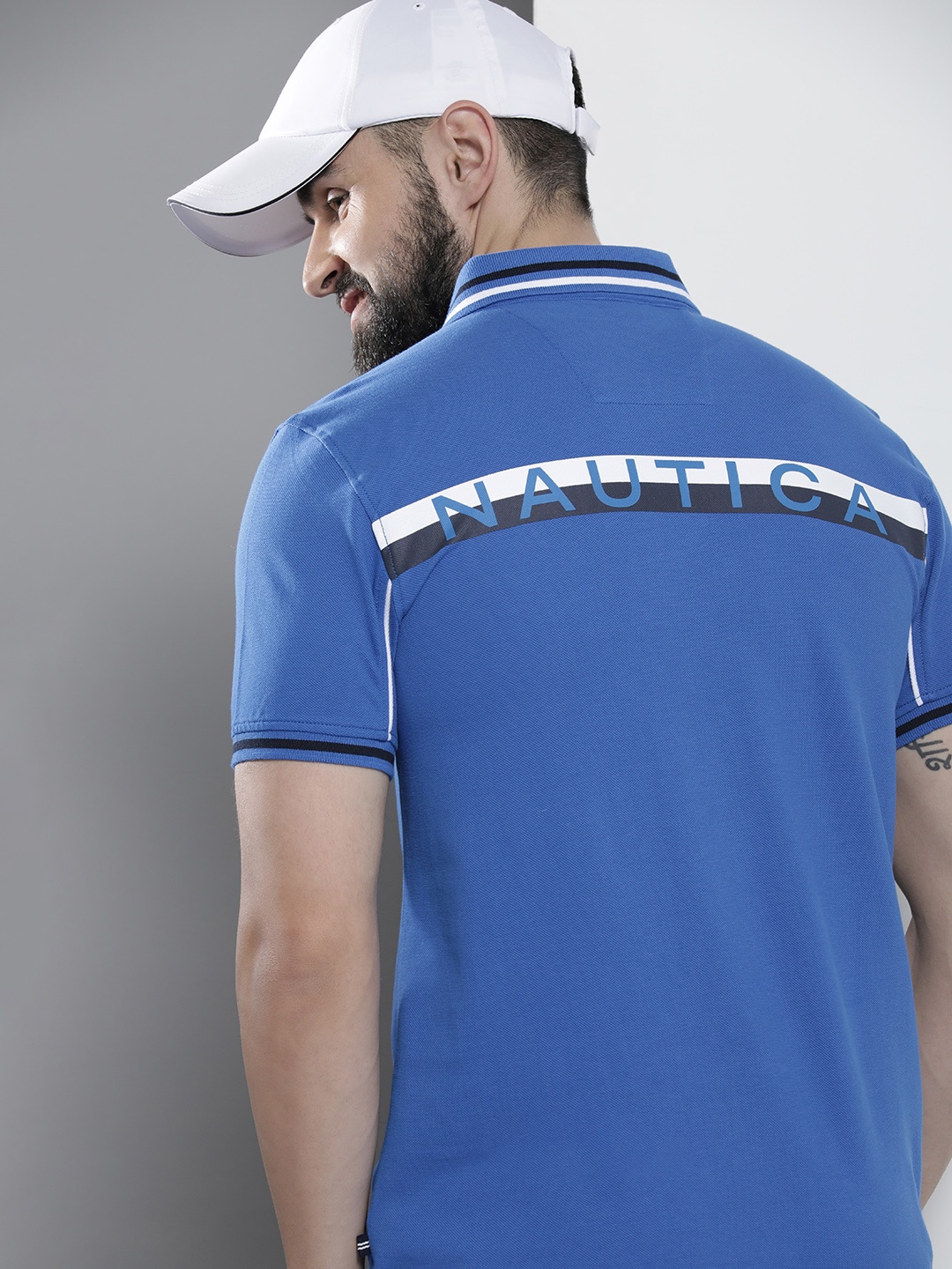 

Nautica Men Brand Logo Printed Polo Collar Pure Cotton T-shirt, Blue