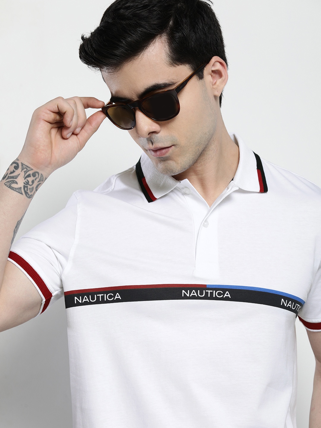 

Nautica Men Brand Logo Printed Polo Collar Pure Cotton T-shirt, White