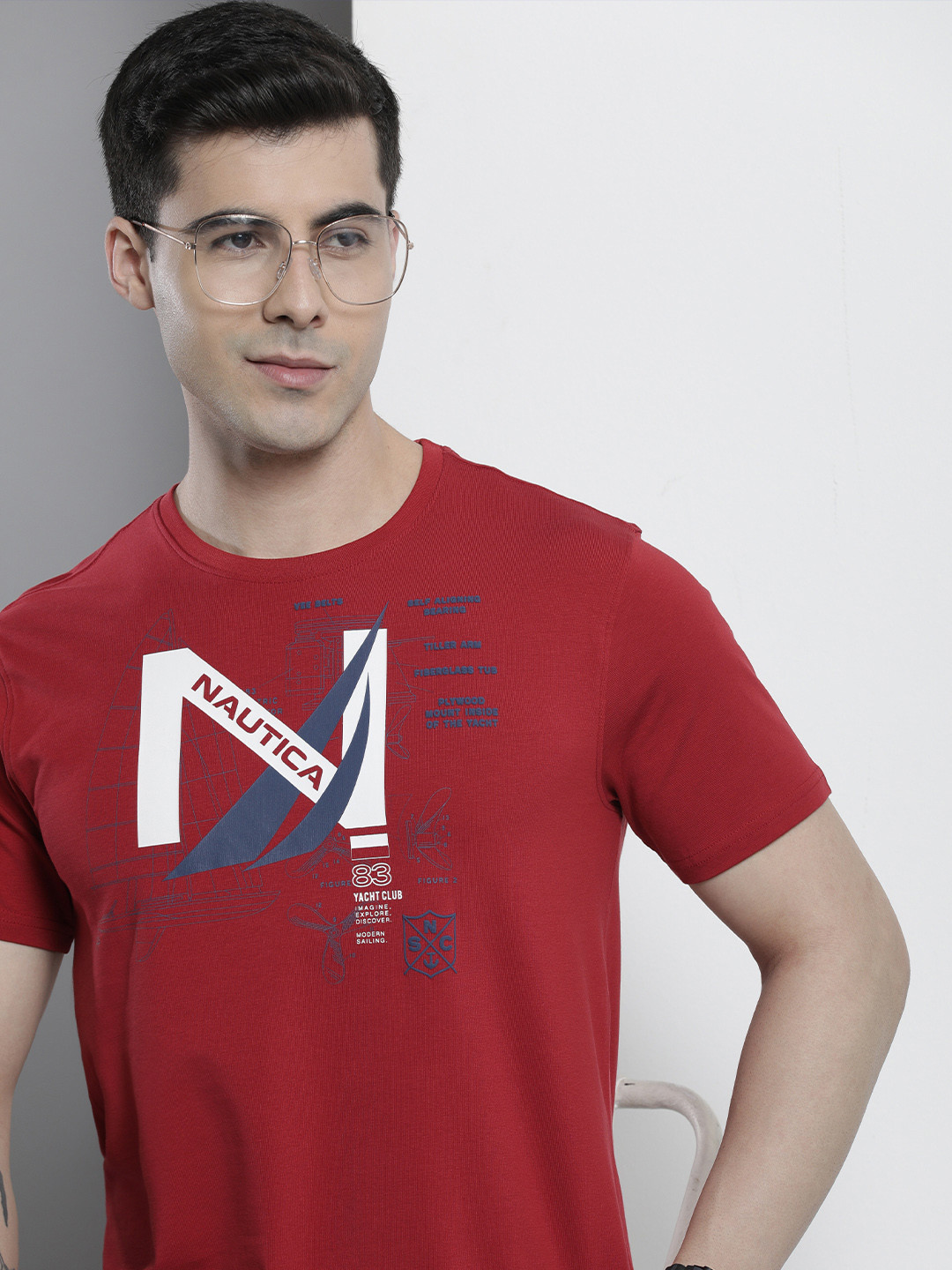 

Nautica Men Nautical Printed T-shirt With Applique Detail, Red