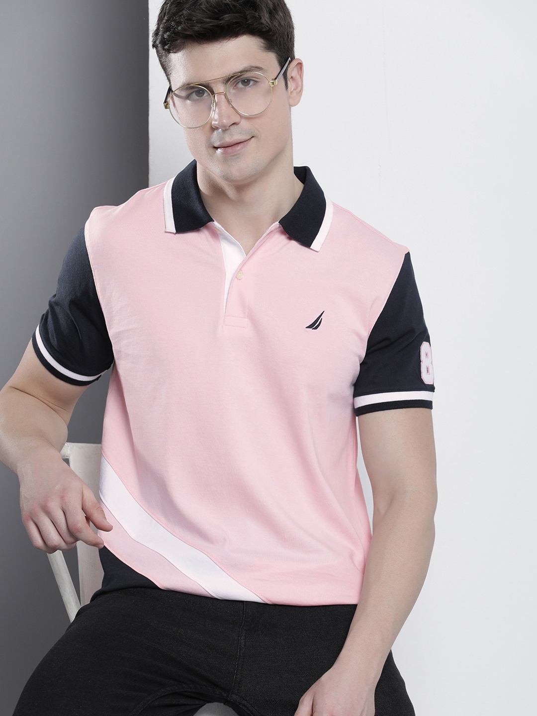 

Nautica Men Pure Cotton Colourblocked Polo Collar T-shirt, Pink