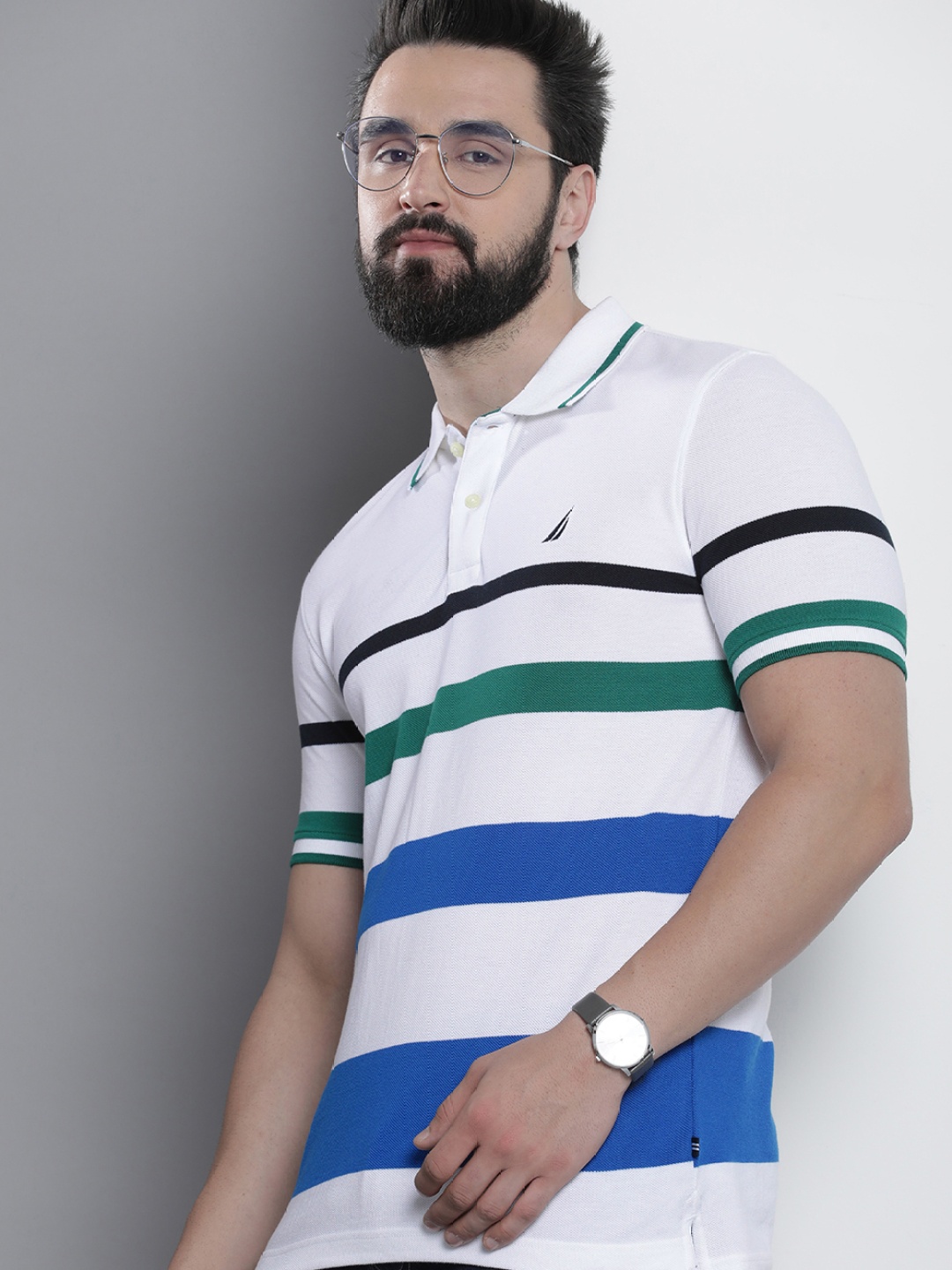

Nautica Polo Collar Striped Pure Cotton T-shirt, White
