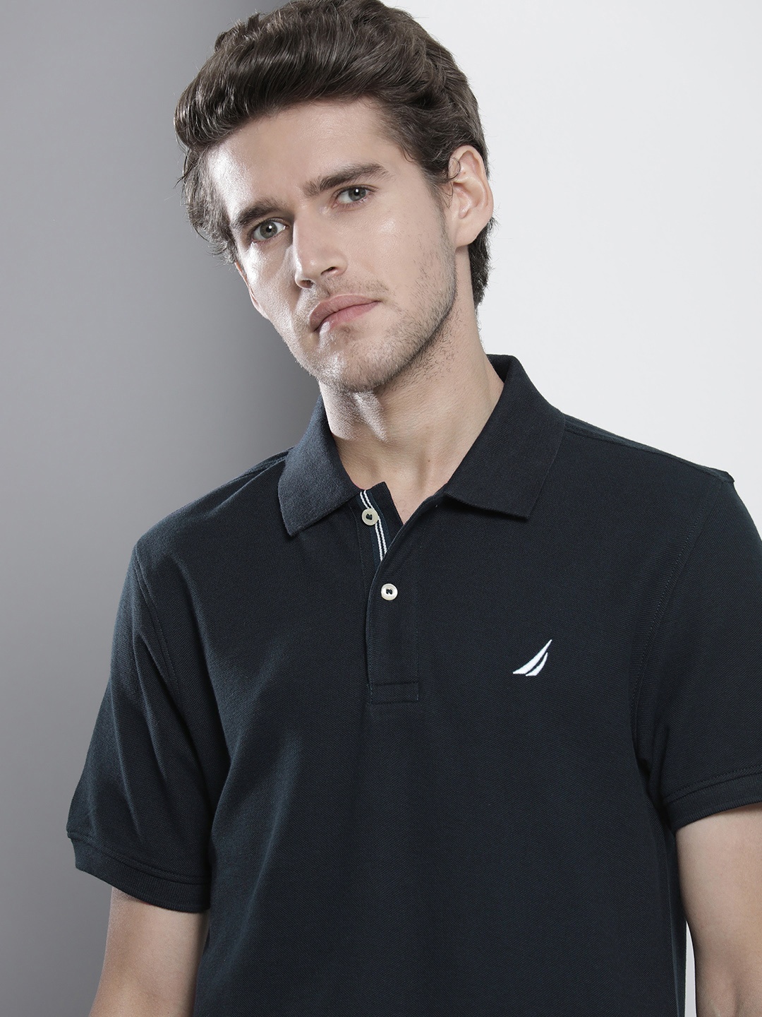 

Nautica Men Navy Blue Solid Polo Collar Pure Cotton T-shirt