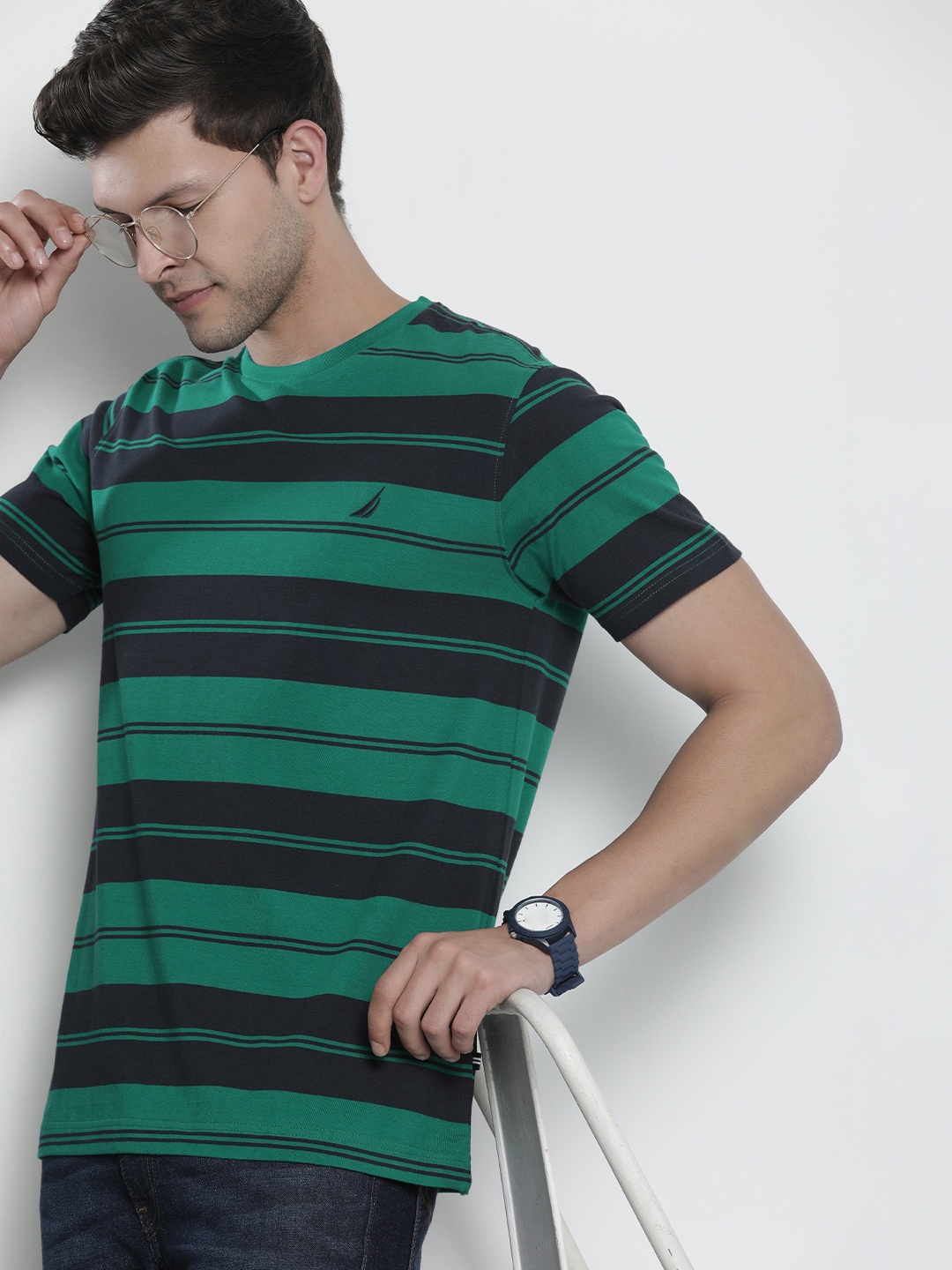 

Nautica Men Pure Cotton Striped Round Neck T-shirt, Green