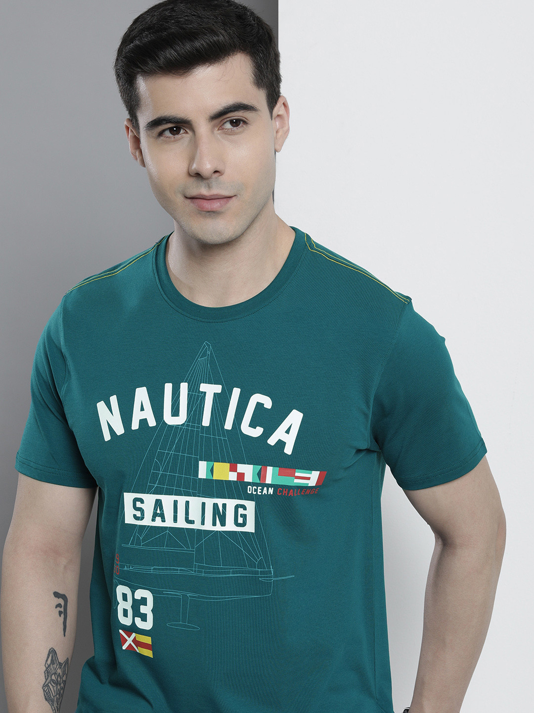 

Nautica Men Brand Logo Printed T-shirt, Teal