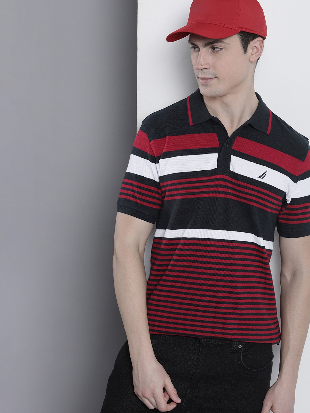 

Nautica Men Pure Cotton Striped Polo Collar T-shirt, Navy blue