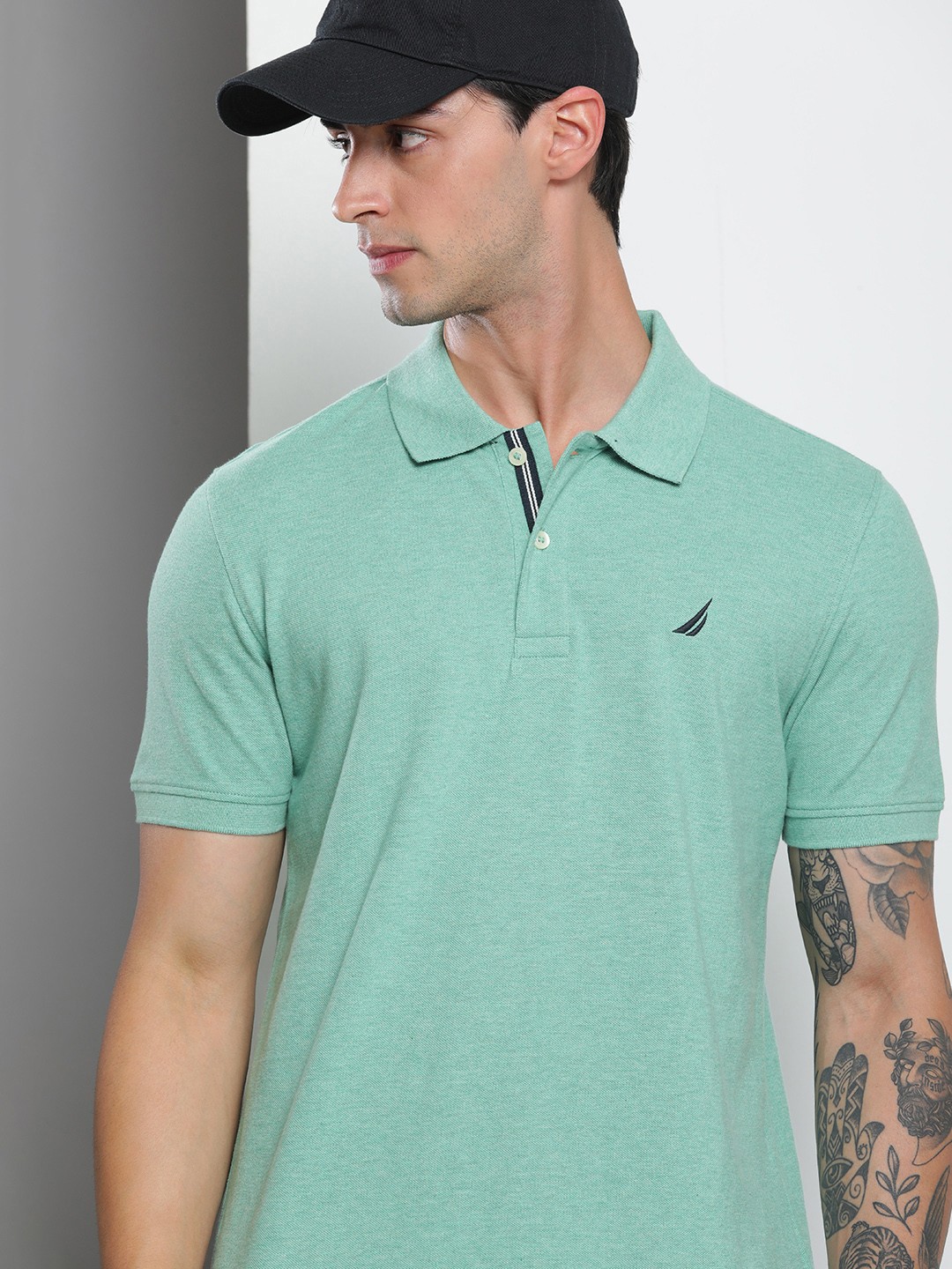 

Nautica Men Pure Cotton Polo Collar Short Sleeves Slim Fit T-shirt, Sea green