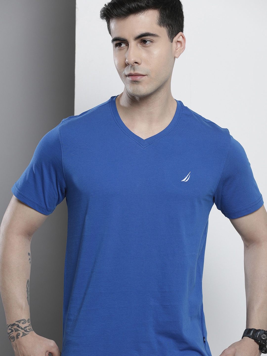 

Nautica Men V-Neck Pure Cotton T-shirt, Blue