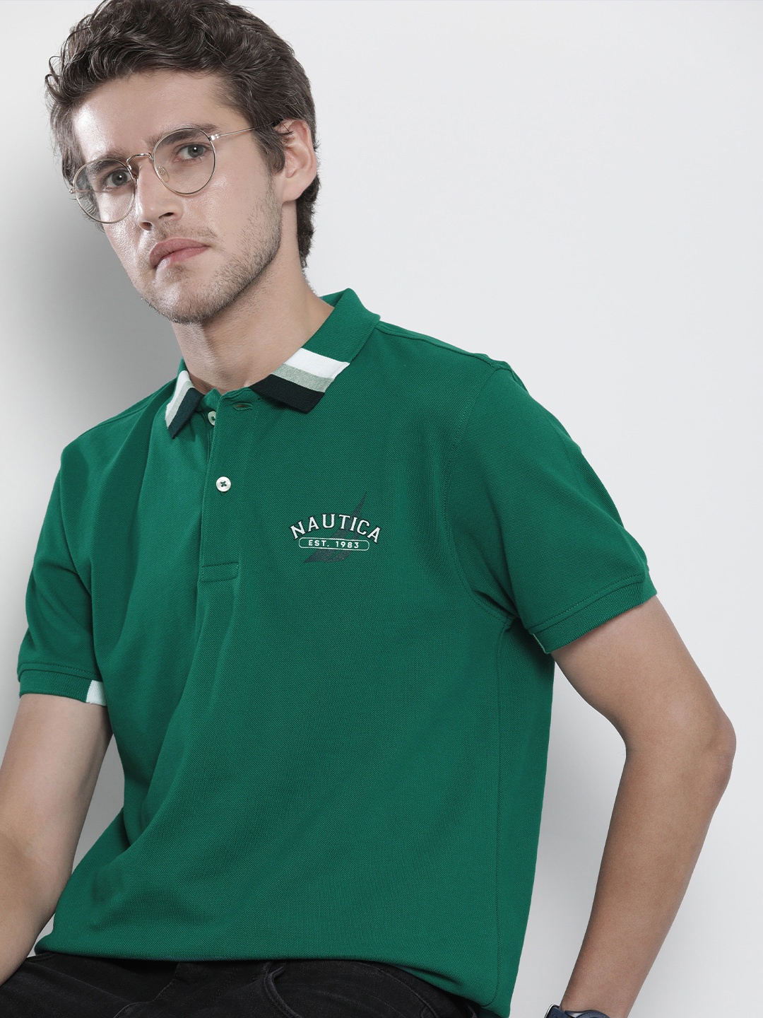 

Nautica Men Green Polo Collar Pure Cotton T-shirt