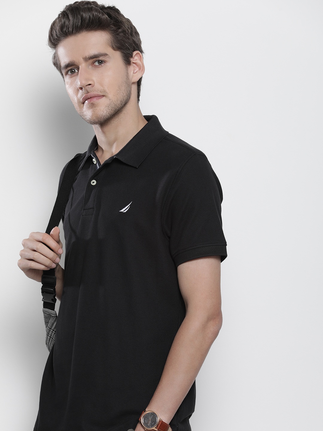 

Nautica Men Black Pure Cotton Brand Logo Polo Collar Slim Fit T-shirt