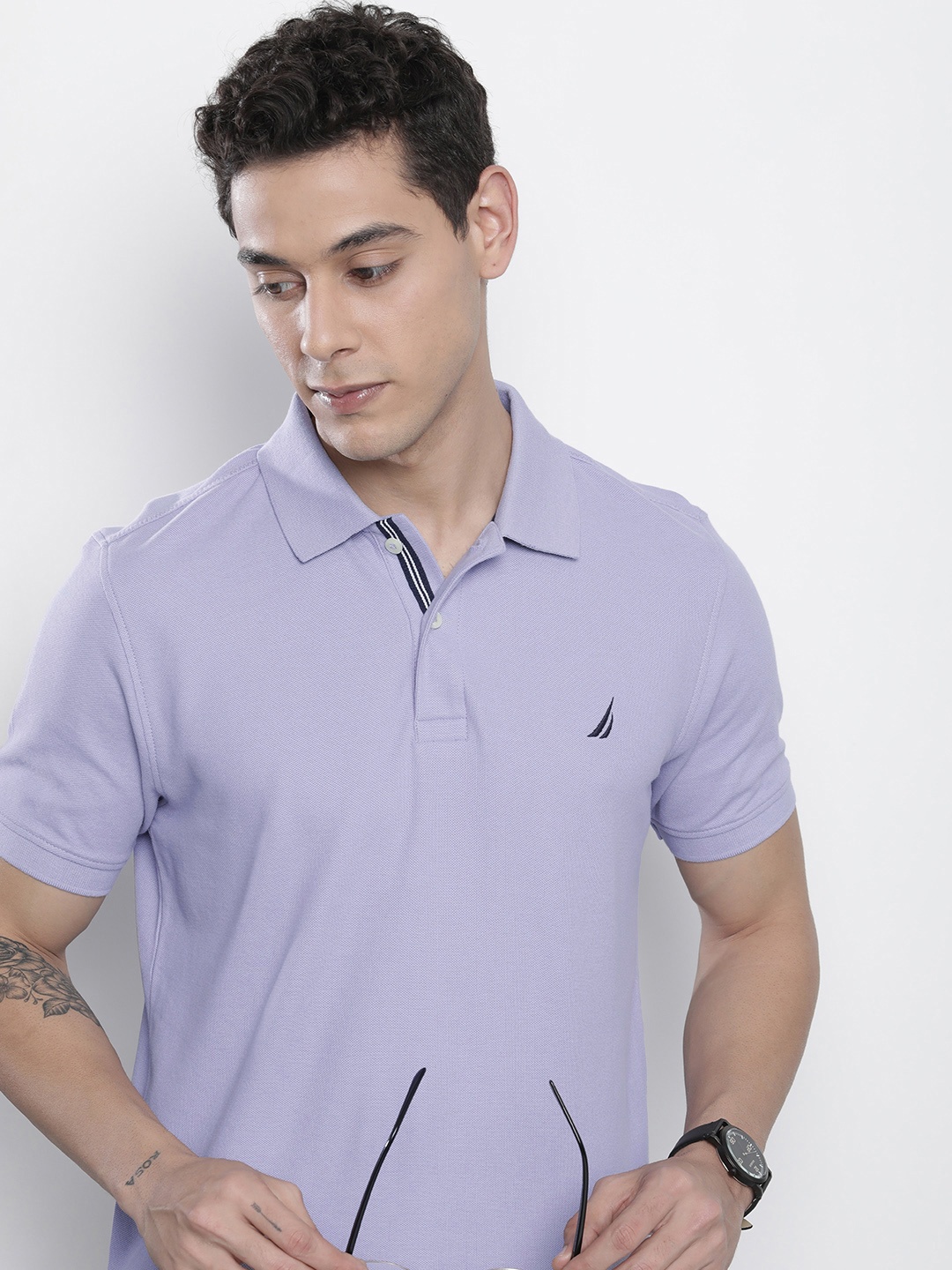 

Nautica Men Lavender Pure Cotton Brand Logo Polo Collar Slim Fit T-shirt