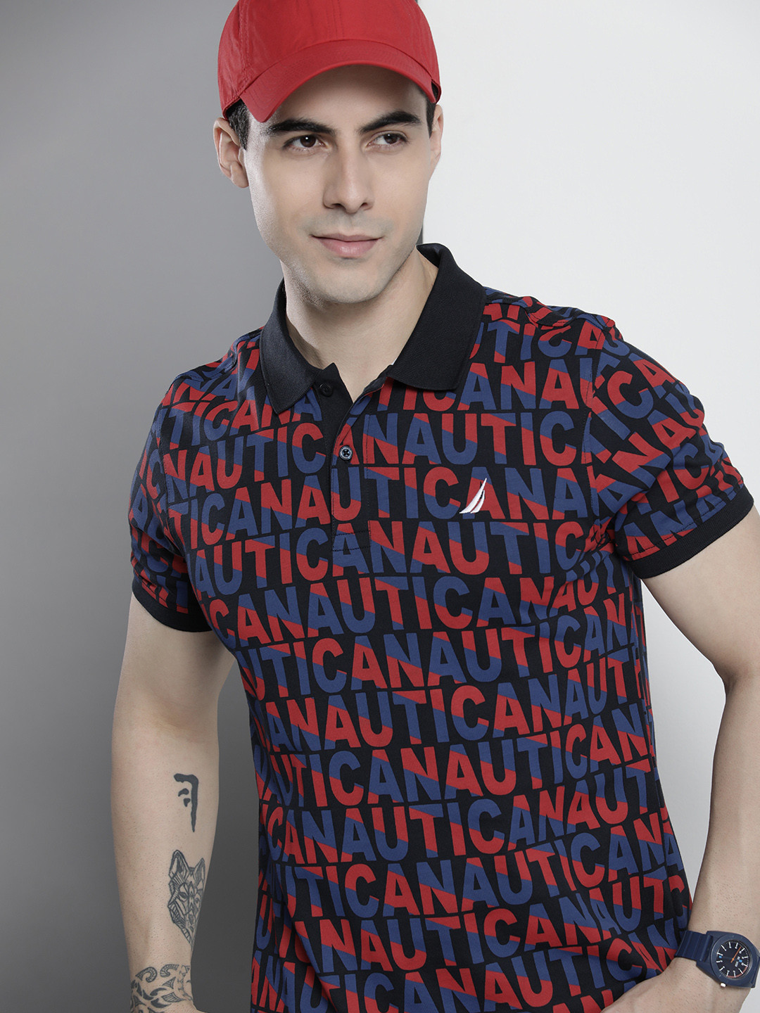 

Nautica Men Pure Cotton Brand Logo Printed Polo Collar T-shirt, Navy blue