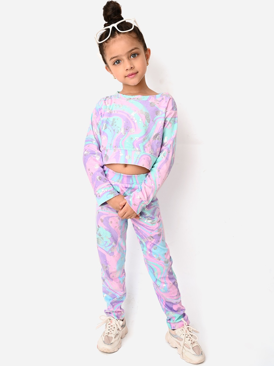 

LilPicks Girls Purple & Blue Printed Top with Legging
