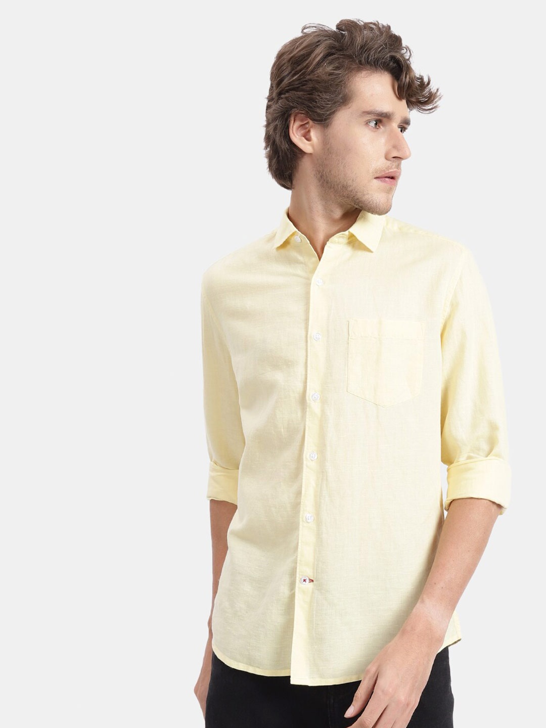

VASTRADO Men Yellow Solid Full Sleeves Cotton Casual Shirt