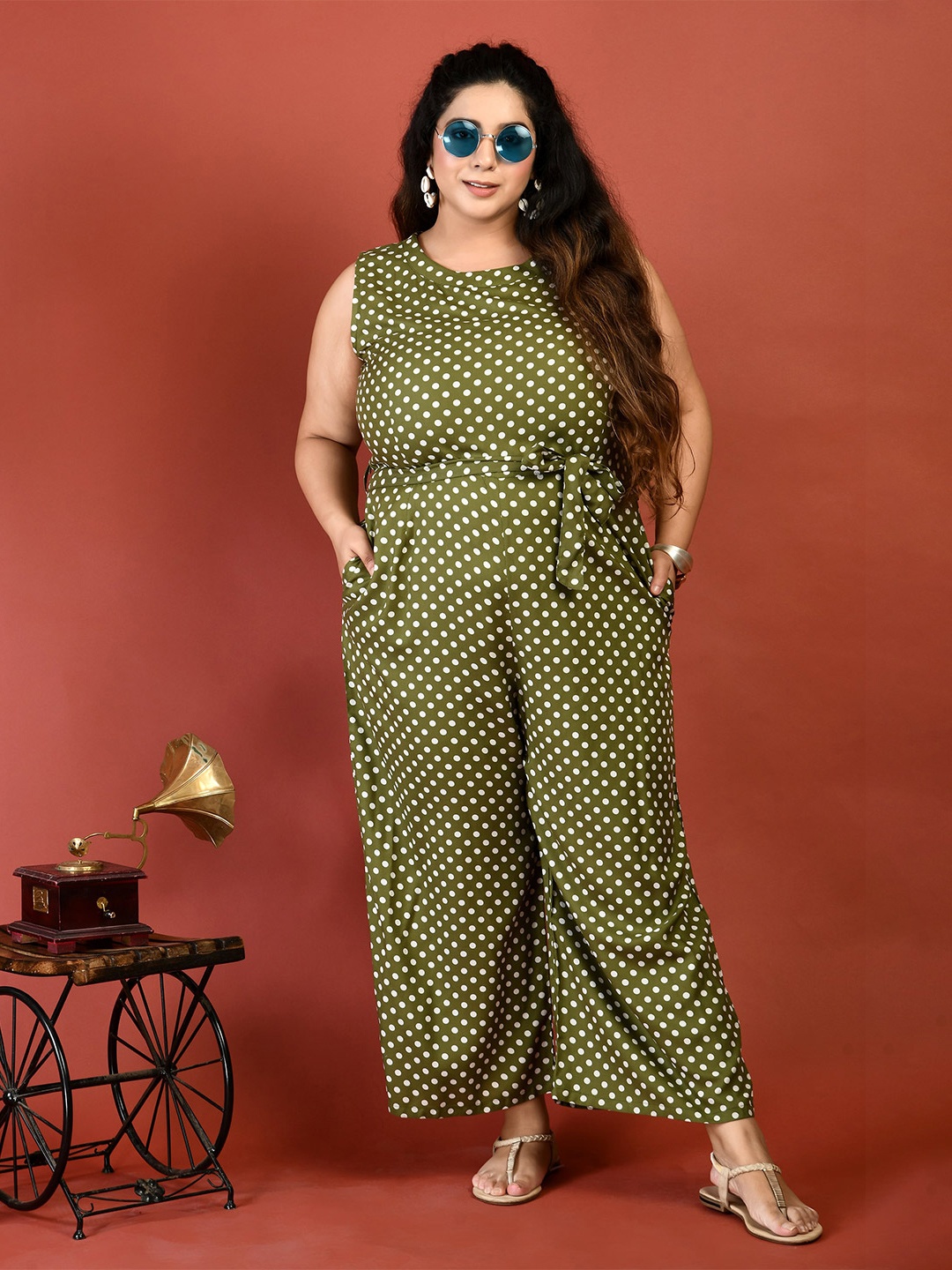 

PrettyPlus by Desinoor com Women Printed Basic Jumpsuit, Olive