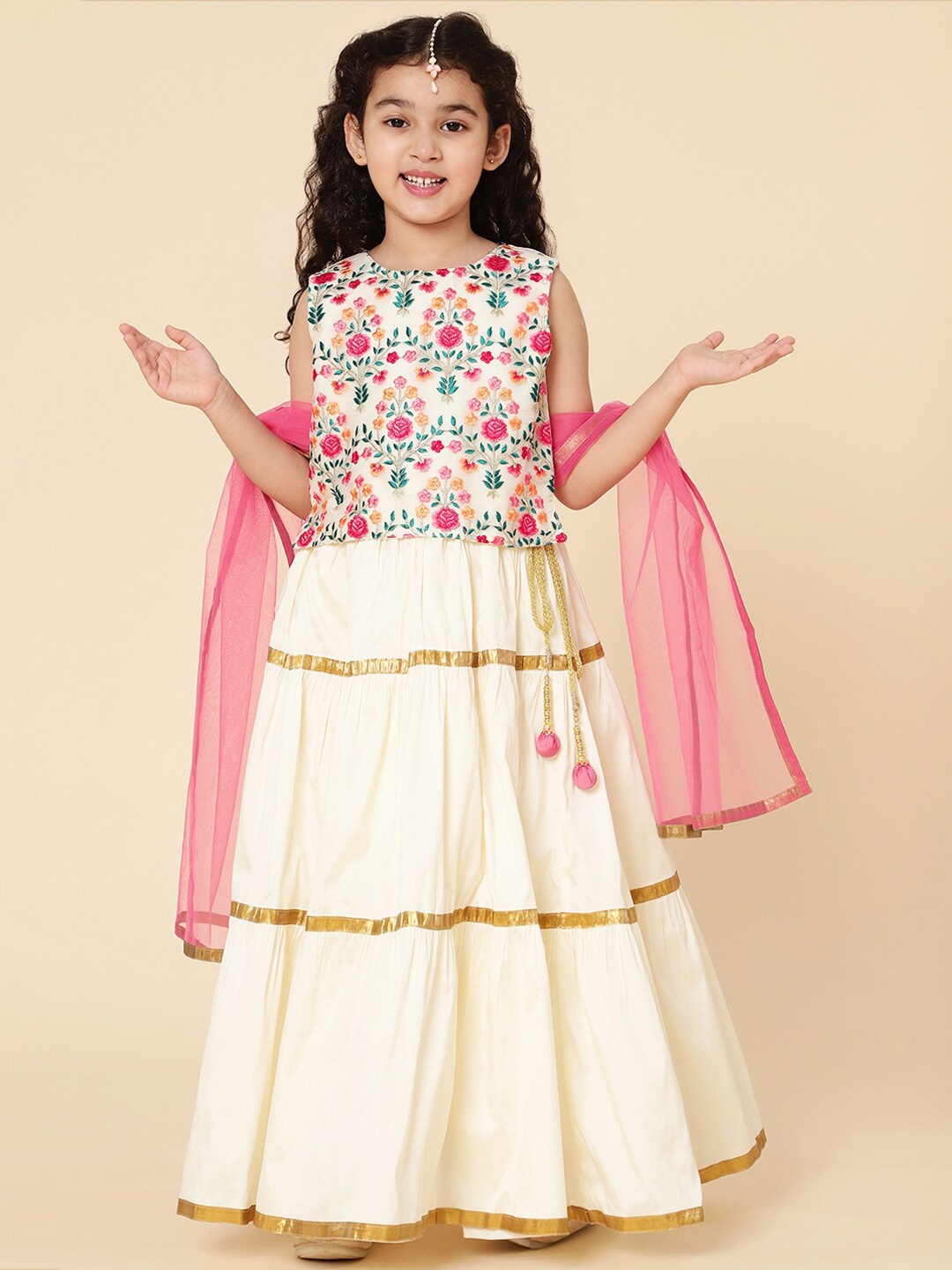 

A T U N Girls Cream-Coloured & Pink Embroidered Ready to Wear Lehenga & Blouse With Dupatta