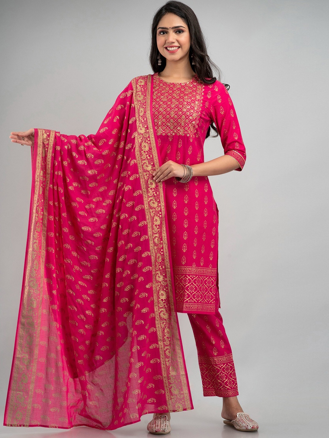 

Sutidora Women Pink Ethnic Motifs Panelled Sequinned Pure Cotton Kurti with Trousers & With Dupatta