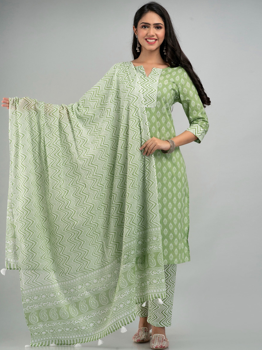 

Sutidora Women Sea Green Pure Cotton Kurti with Trousers & With Dupatta