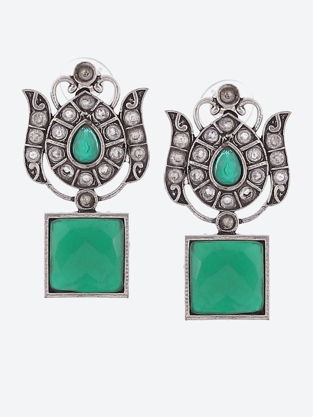 

Biba Women Green Silver Plated Teardrop Shaped Studs Earrings
