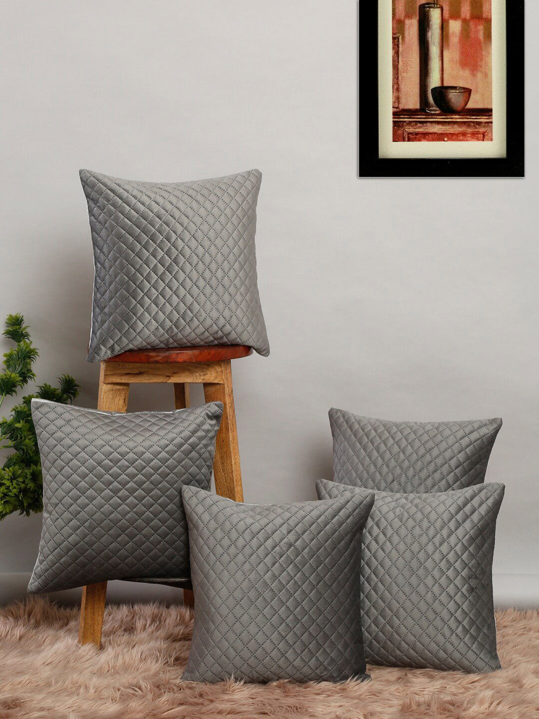 

MULTITEX Set of 5 Geometric Velvet Square Cushion Covers, Silver