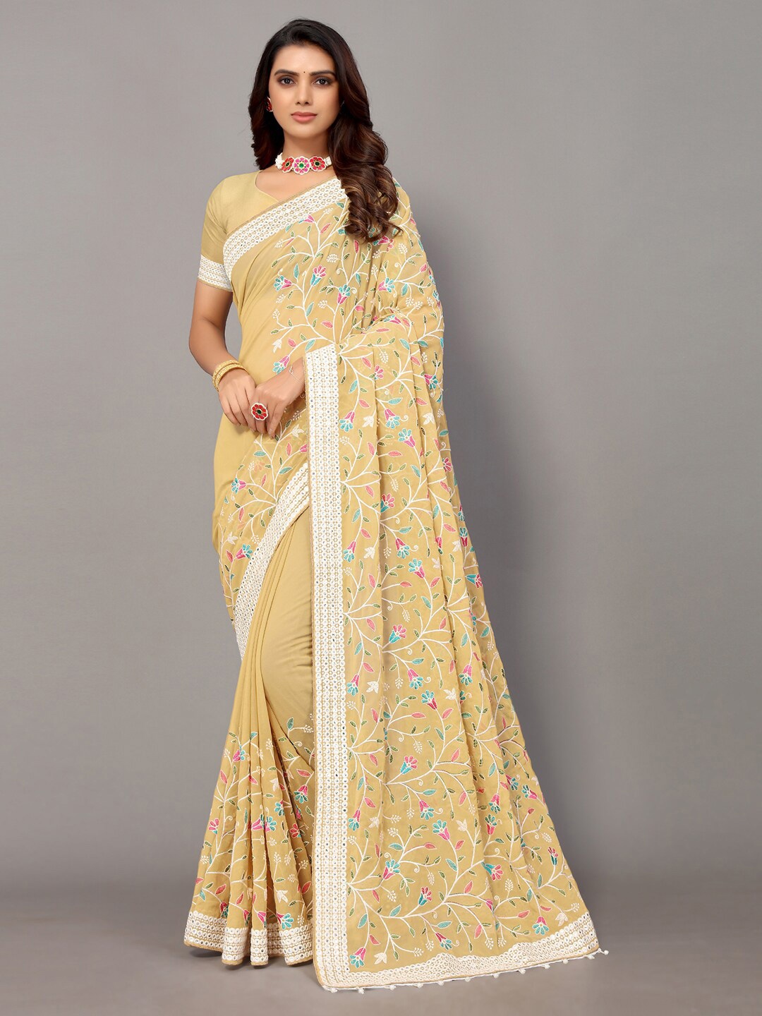 

HRITIKA Mustard & White Floral Embroidered Pure Georgette Saree