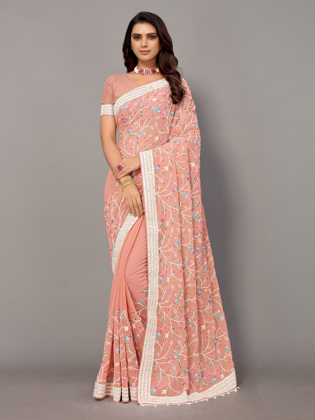 

HRITIKA Peach-Coloured & White Floral Embroidered Pure Georgette Saree