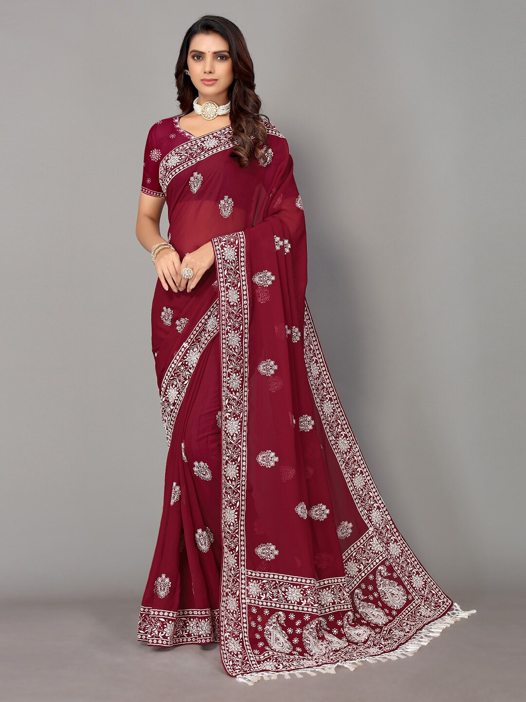 

HRITIKA Maroon & White Floral Chikankari Pure Georgette Saree
