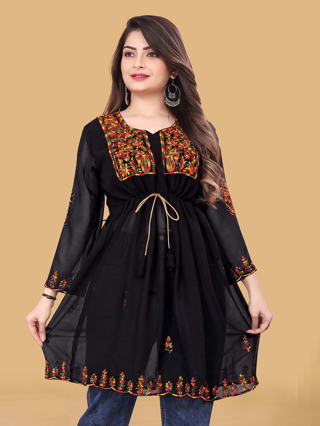 

PRASTHAN Black Floral Embroidered Georgette Longline Top