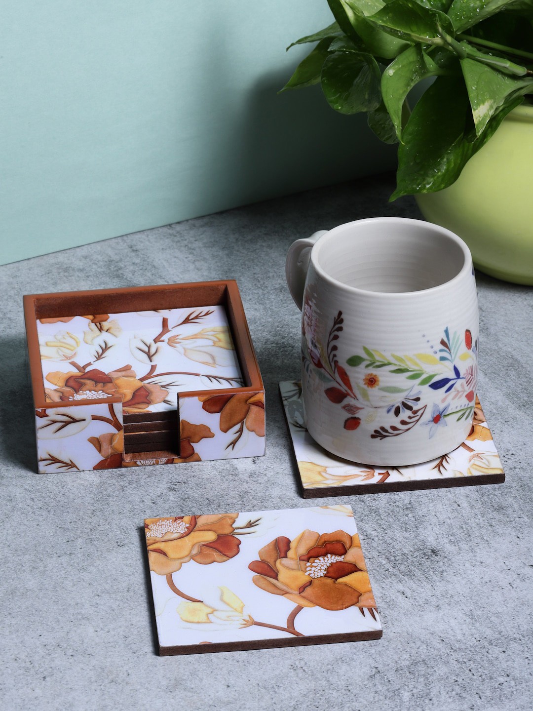 

ROMEE Set Of 6 White & Brown Printed Wooden Coasters