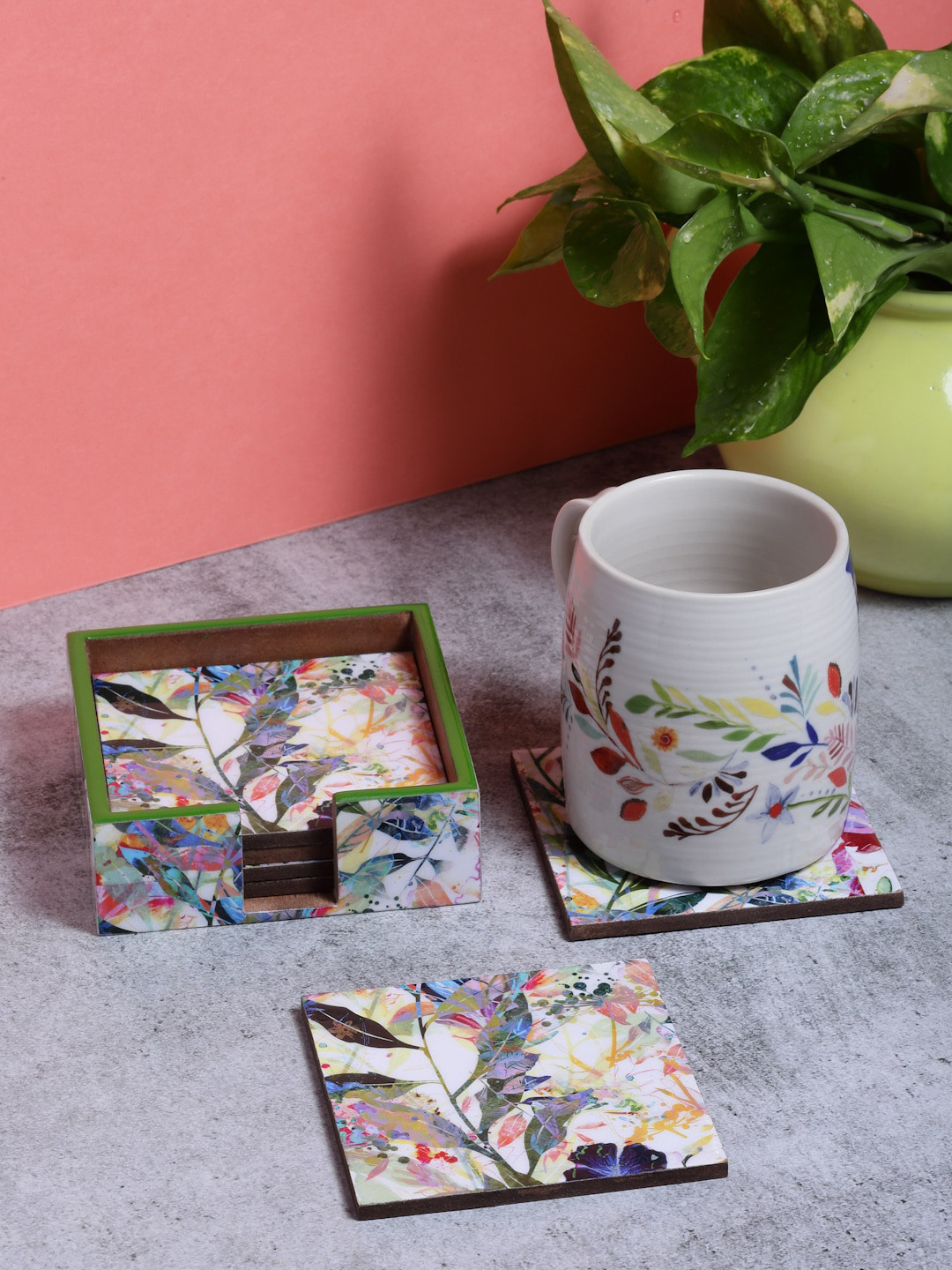 

ROMEE Set Of 6 White & Green Printed MDF Wood Coasters