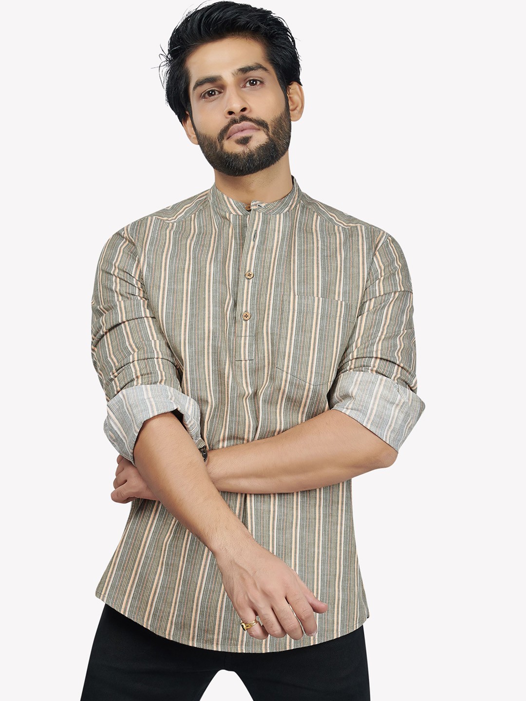 

VASTRADO Men Grey & Pink Striped Cotton Straight Kurta