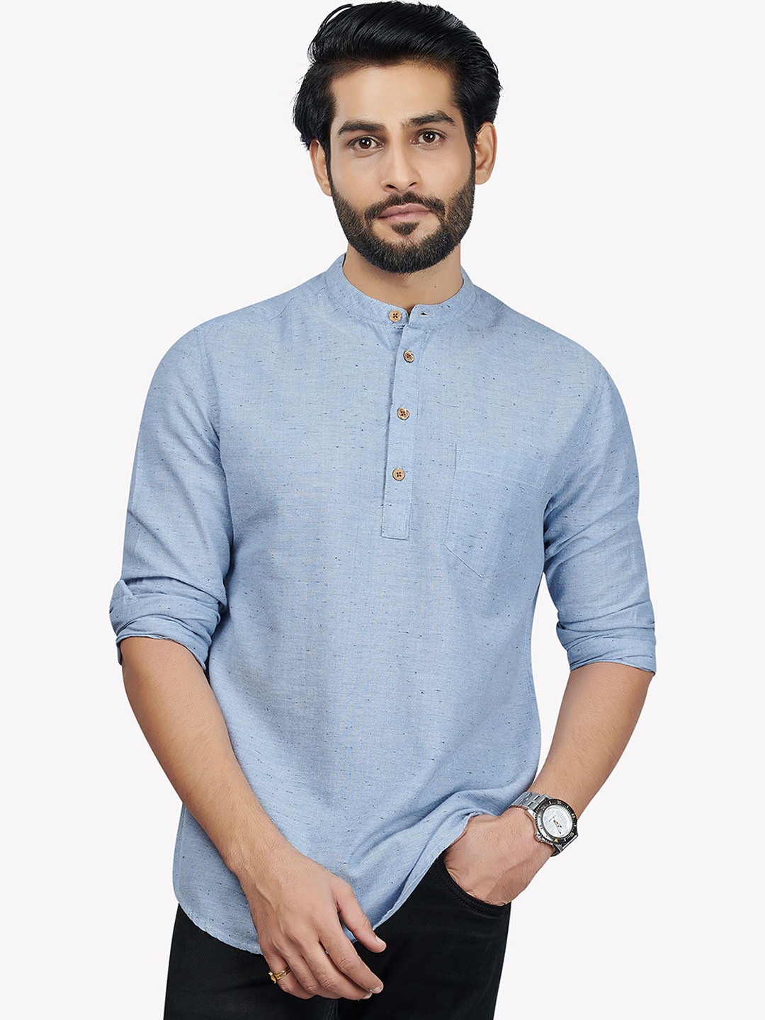 

VASTRADO Men Blue Solid Cotton Straight Kurta