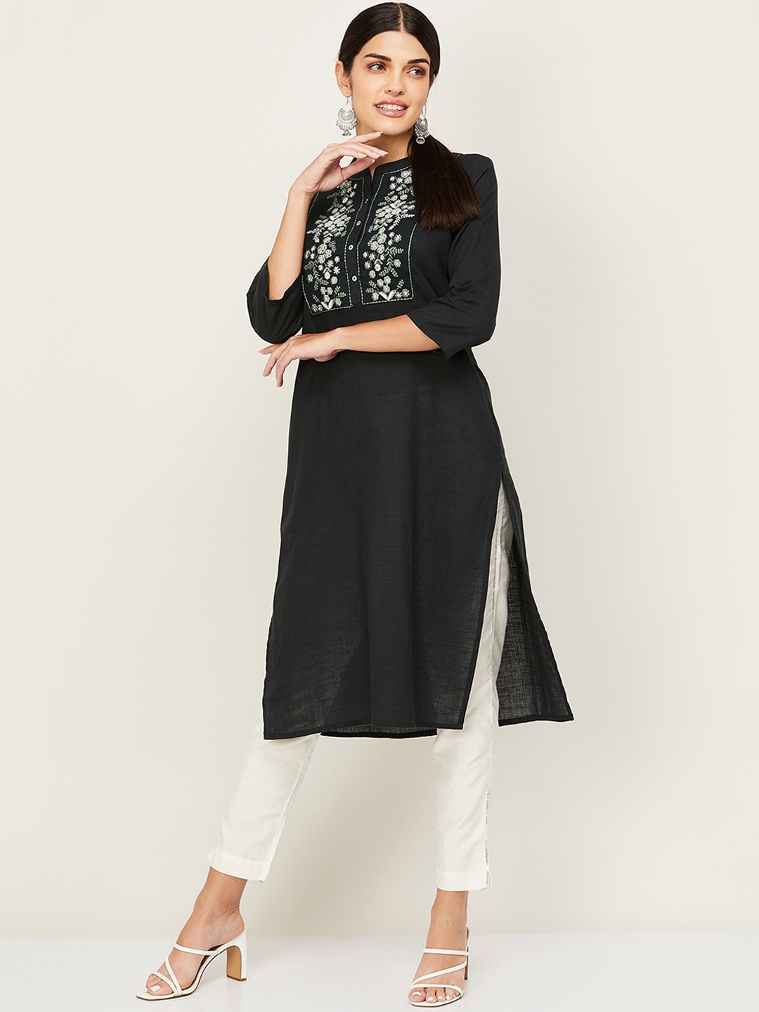 

Melange by Lifestyle Women Black Floral Yoke Design Kurta